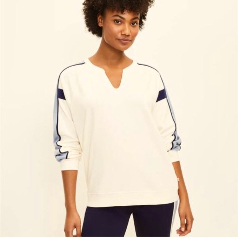 Lou & Grey cream loose fit pullover with blue stripes, Size Small